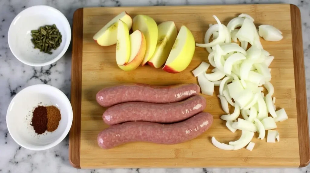 A wooden cutting board with neatly sliced apples, onions, and chicken sausage next to bowls of seasonings like sage and cinnamon.