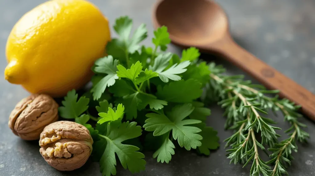  Fresh herbs like parsley and thyme placed next to a lemon and walnuts, with a rustic wooden spoon.