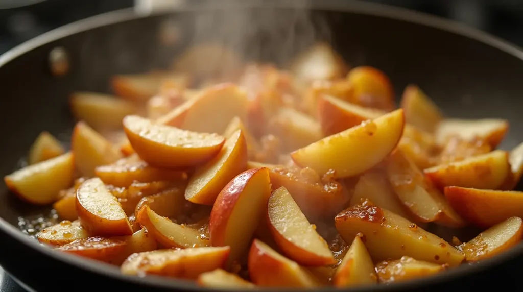 Apples and onions caramelizing in a skillet, with golden edges and a delicious, fragrant steam rising.