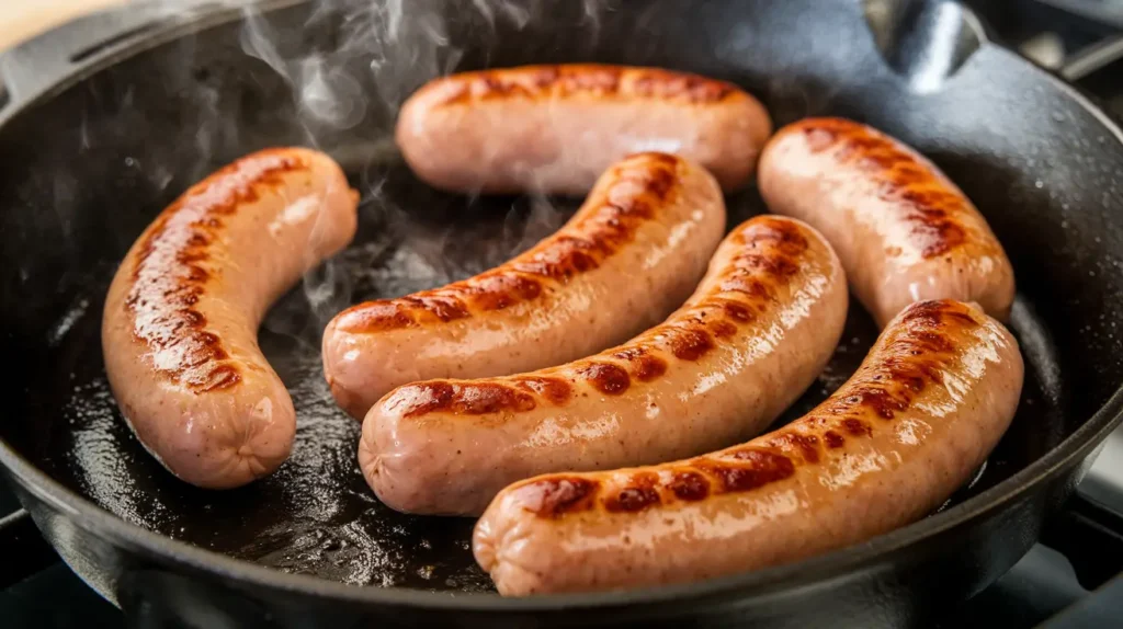 A close-up shot of sizzling sausages in a skillet, turning golden brown.