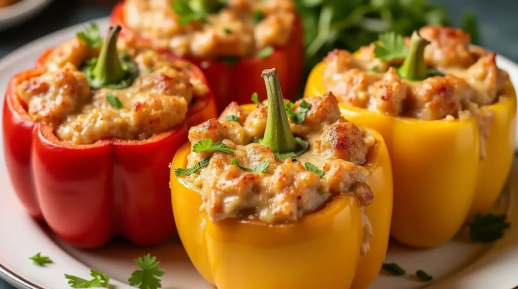 Colorful bell peppers filled with chicken cheesesteak mixture, baked and garnished