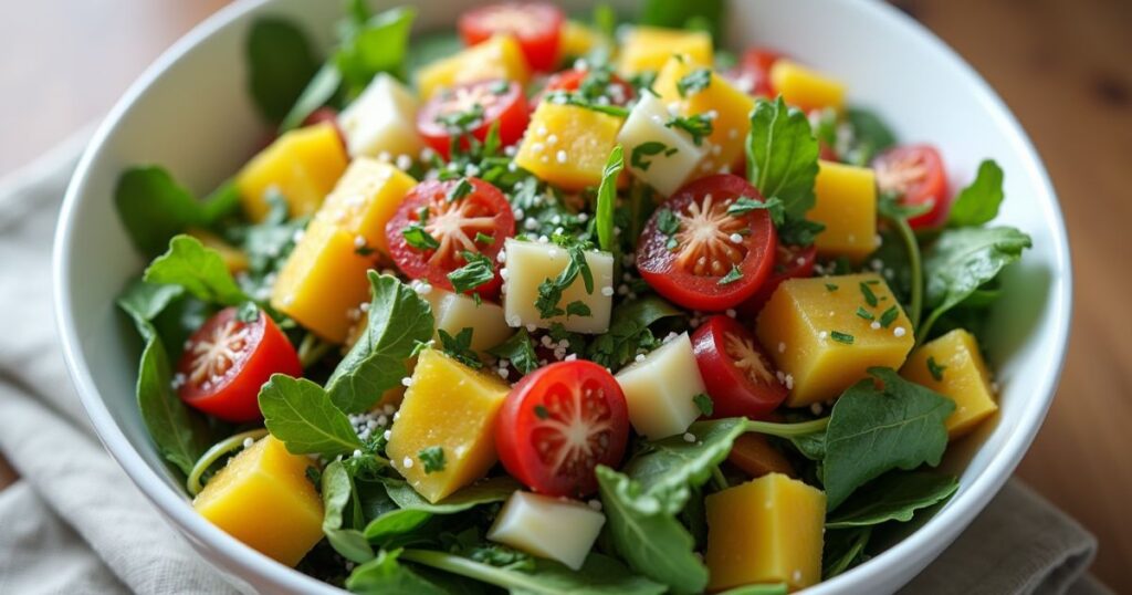 Fresh, colorful salad with mixed greens, colorful vegetables, and light dressing]