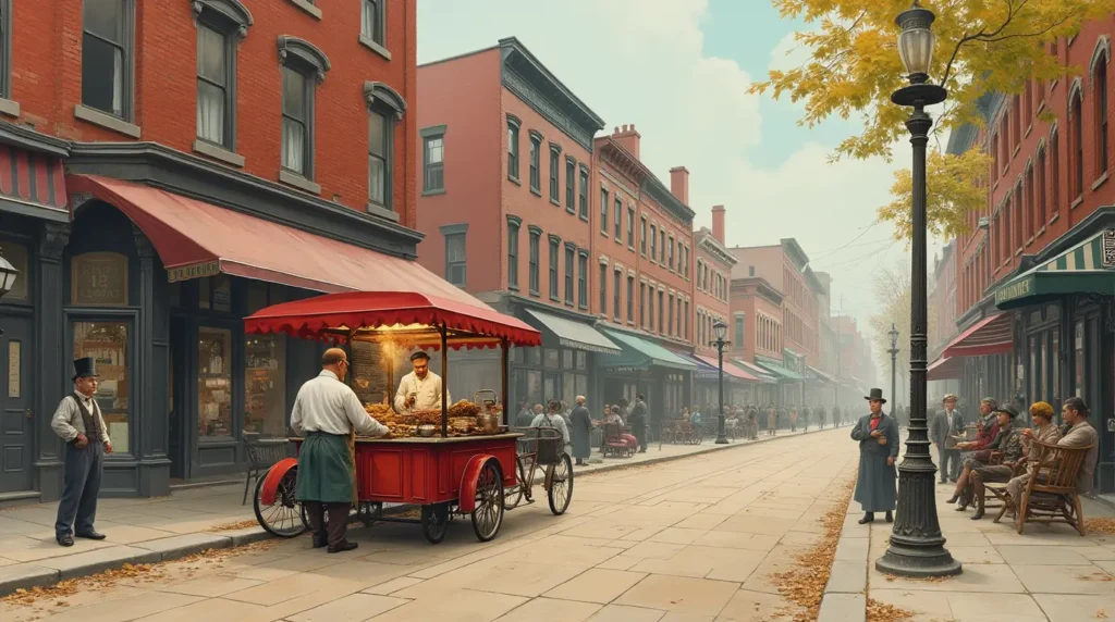 Historical illustration of a Philadelphia street corner, showing a food cart with a chef preparing the first chicken cheesesteak, blending vintage and culinary elements