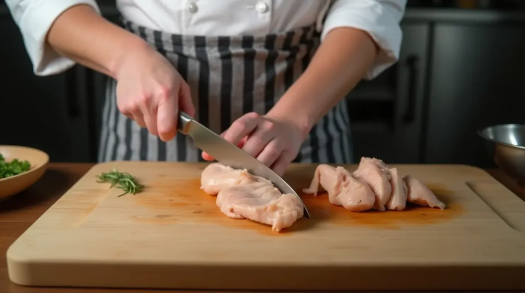 Professional chef demonstrating precise chicken slicing technique on a cutting board