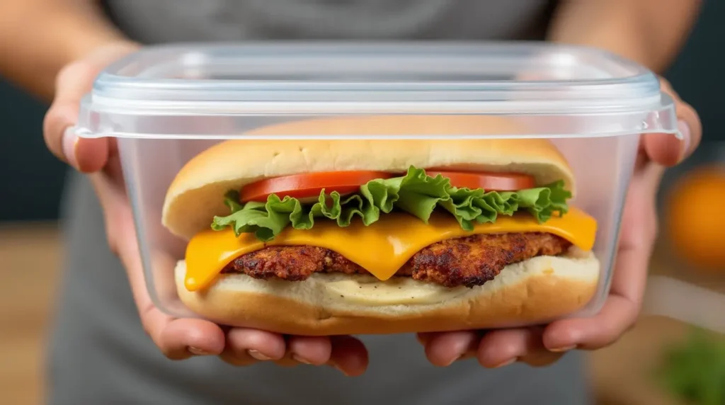 Properly sealed container with chicken cheesesteak, highlighting storage techniques