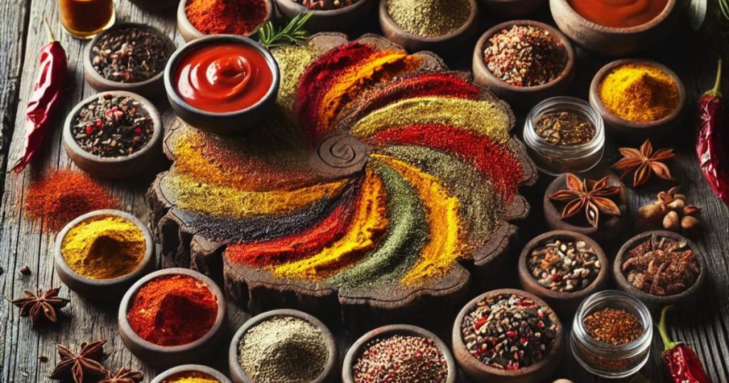 Artfully arranged spices, marinades, and seasoning blends