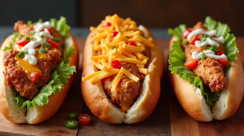  A photorealistic split-screen image showing three distinct chicken cheesesteak variations, each representing a different regional style, with vibrant ingredients and textures