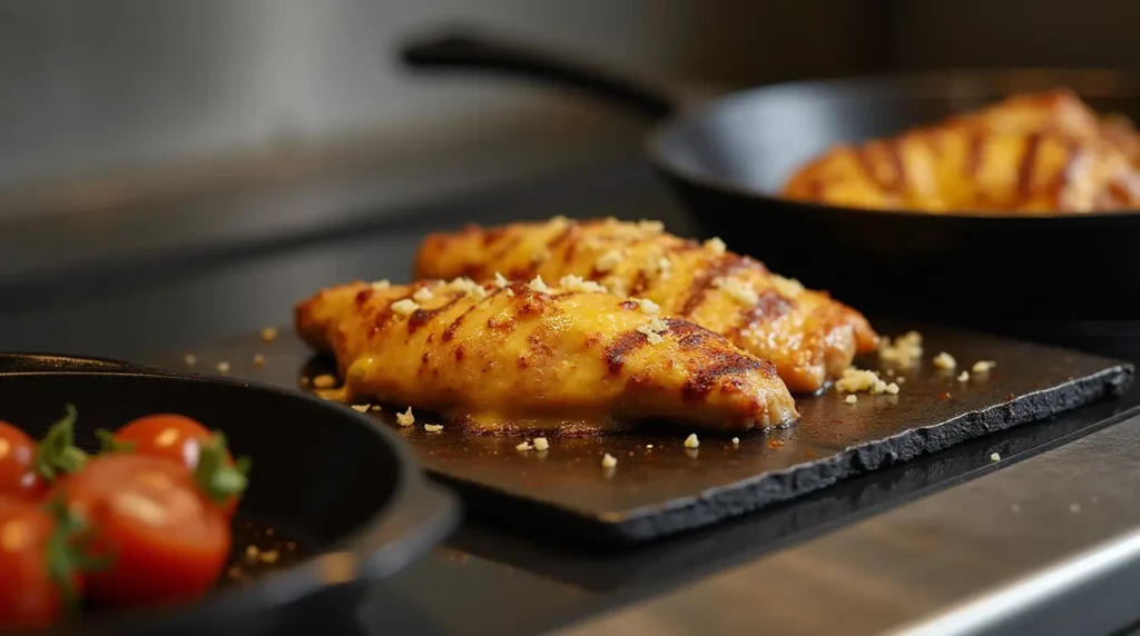  Professional kitchen setup showcasing griddle, cast-iron skillet, and flat-top grill with chicken cheesesteak preparation in progress