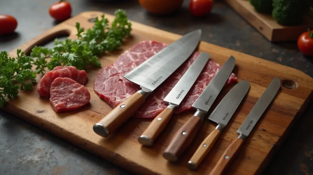  Precision knife collection with professional cutting board, highlighting specialized meat slicing tools