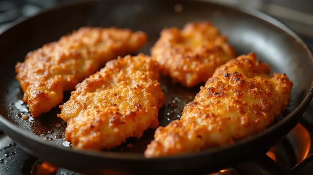 Hot chicken strips on a hot griddle, perfectly golden brown.