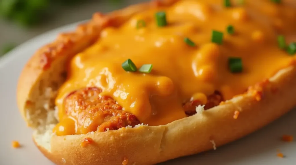 Close-up of a pimento cheese-covered chicken cheesesteak, showcasing vibrant red-orange cheese spread