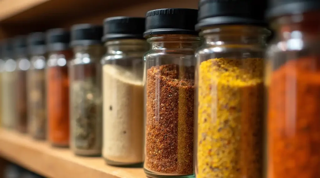 Close-up of neatly labeled glass spice jars filled with vibrant chicken seasoning blends, placed in a wooden spice rack