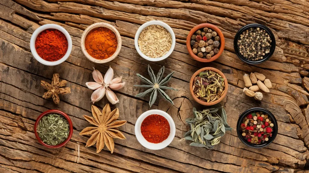 A flat lay image of various spices (paprika, garlic powder, onion powder, black pepper, dried herbs) arranged in small bowls on a rustic wooden background