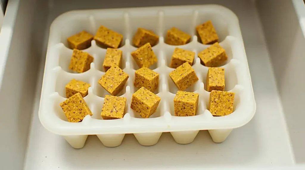 A silicone ice cube tray filled with golden seasoning cubes, neatly placed inside a freezer drawer
