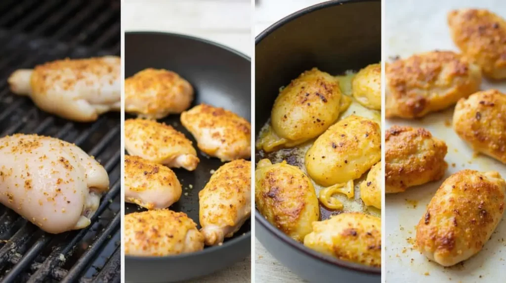 A side-by-side collage showing four cooking methods for chicken: grilling, pan-searing, baking, and air-frying, with seasonings visible on the chicken.