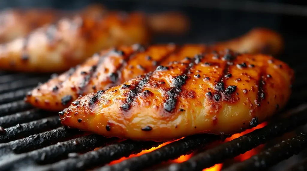 A sizzling grilled chicken breast on a BBQ grill, coated with a smoky, golden-brown seasoning blend.