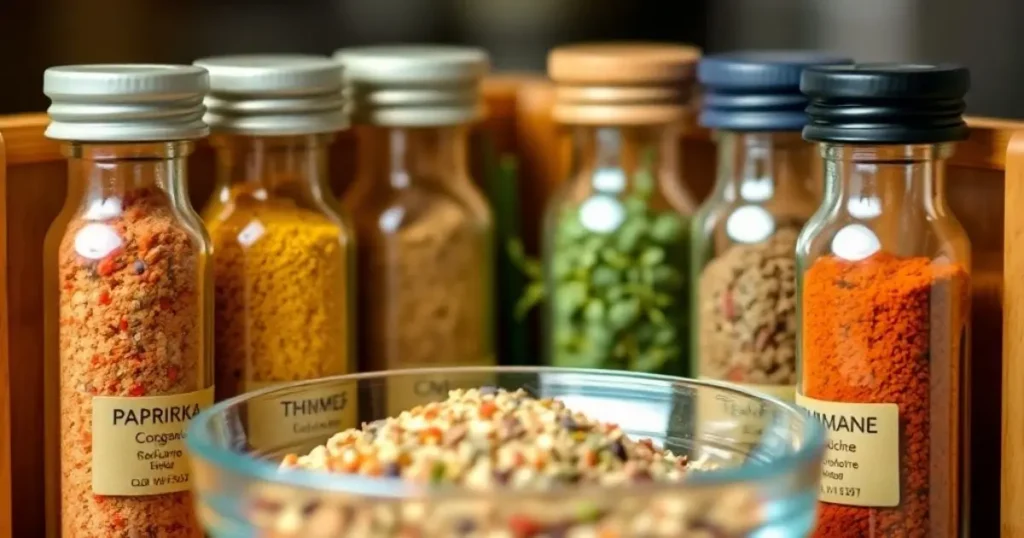 A wooden spice rack filled with small glass jars of essential seasonings (paprika, garlic powder, oregano, thyme, cumin, and cayenne), with a small bowl of mixed spice blend in the center.