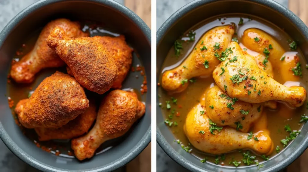 Side-by-side images showing seasoned chicken: one coated with a dry rub (deep red and brown spices) and another submerged in a wet marinade (golden yellow with herbs and oil floating on top