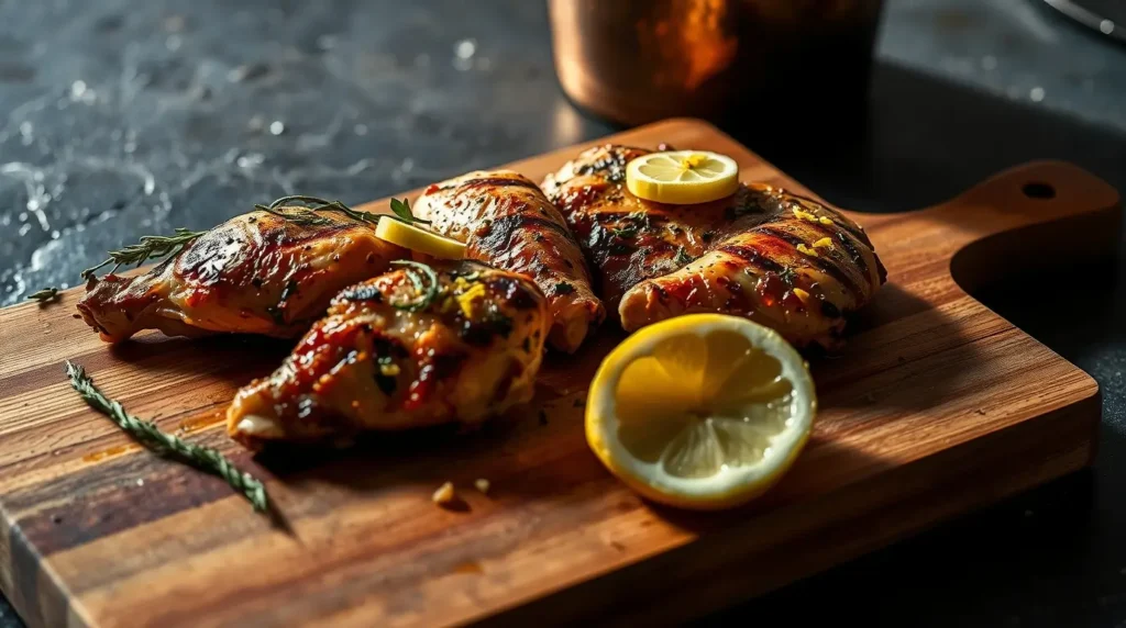 A wooden cutting board with grilled chicken topped with fresh herbs, lemon zest, and melted garlic butter drizzling down.