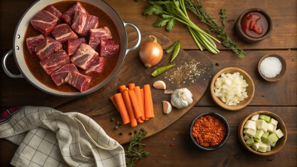 "Aerial shot of fresh ingredients neatly arranged on an antique wooden table: country-marbled beef ribs, chopped onions, minced garlic, chopped carrots, chopped celery, and small bowls of paprika, thyme and brown sugar. In the background is a pot of beef broth and tomato sauce for a cozy, rustic feel."