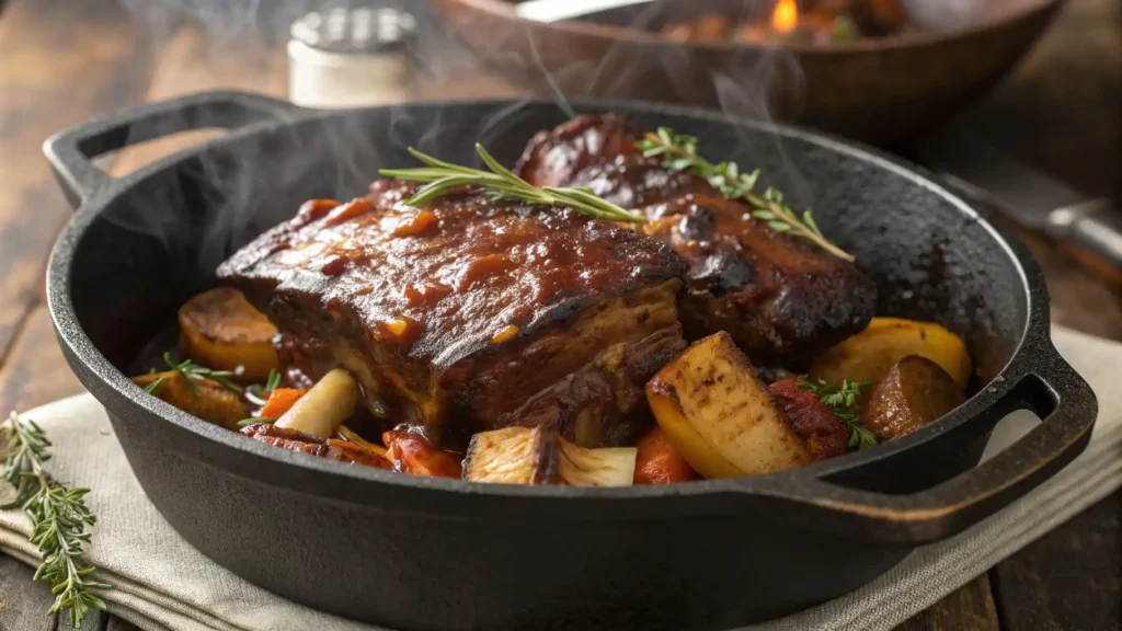 A close-up of succulent, fall-off-the-bone beef ribs glistening with rich, sticky sauce, resting in a rustic cast-iron Dutch oven. Steam rises gently, with caramelized vegetables and fresh herbs scattered around. Warm, golden lighting highlights the tender texture of the meat.