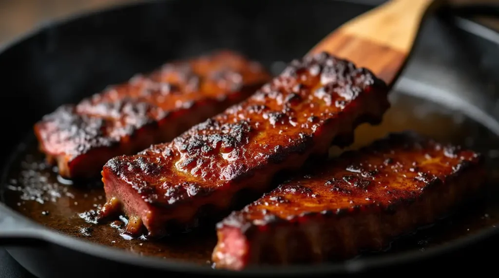 country style beef ribs searing in a cast-iron skillet, golden-brown crust forming. Oil splatters slightly, with a wooden spatula lifting a rib to reveal the caramelized underside. Dark, moody lighting emphasizes the heat and depth of flavor."