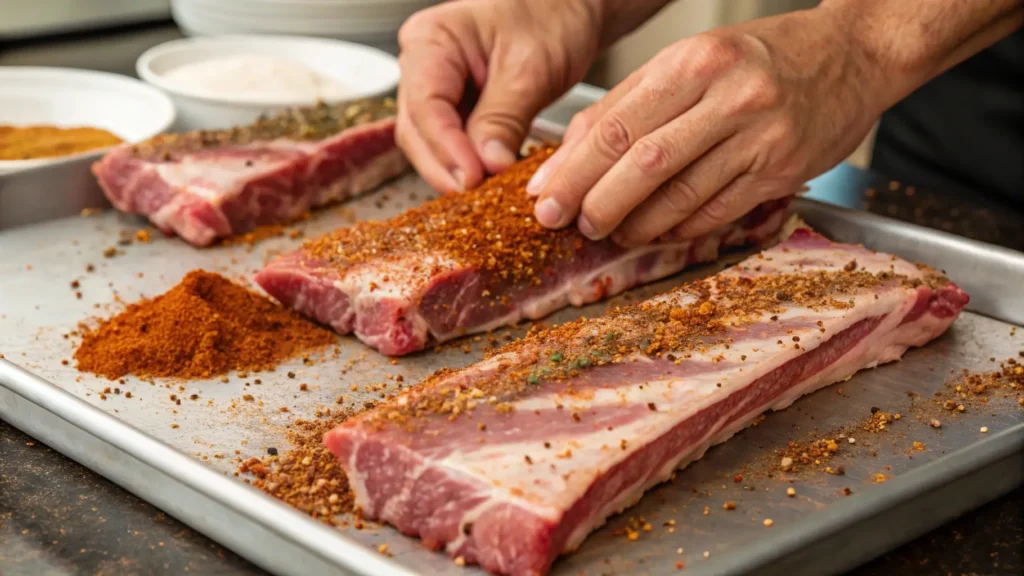 "Hands rubbing a generous spice blend (smoked paprika, brown sugar, herbs) onto marbled beef ribs. The ribs are laid out on a stainless steel tray, with spices spilling slightly onto the surface. Focus on the texture of the seasoning clinging to the meat."