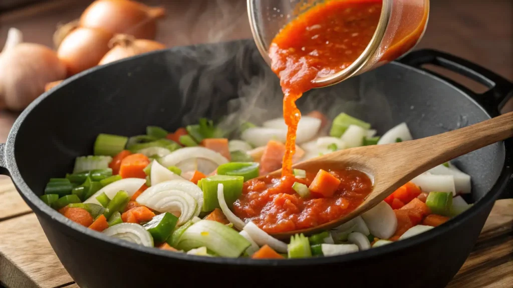 "Aromatic vegetables (onions, garlic, carrots, celery) sautéing in a Dutch oven, softened and glistening with olive oil. A wooden spoon stirs the mixture, with tomato sauce being poured in from a measuring cup. Steam rises, blurring the edges of the frame."
