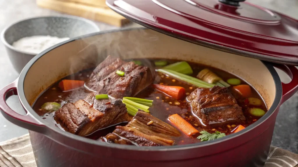 "Cross-section of a Dutch oven filled with seared ribs submerged in a rich, burgundy-hued broth. Bubbles rise gently around the meat, with carrots and celery peeking through. The lid rests slightly ajar, releasing a wisp of steam."