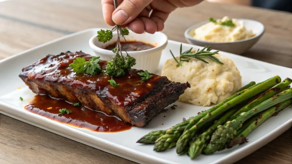 "A platter of finished beef ribs drizzled with thickened sauce, garnished with fresh parsley. A hand places a sprig of herbs on top, with mashed potatoes and roasted asparagus on the side. Soft natural light highlights the dish’s warmth."