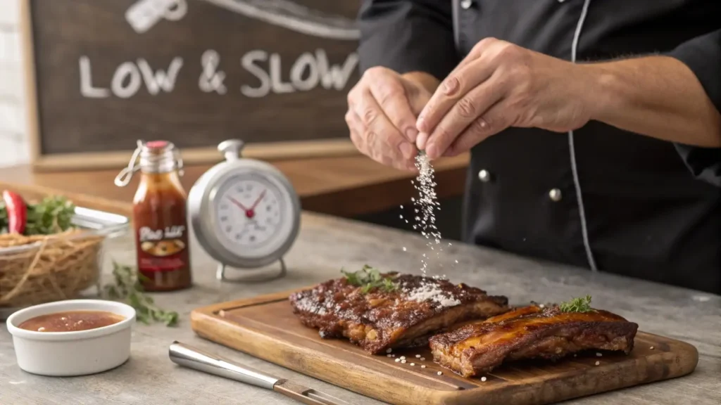 Chef’s hands sprinkling flaky sea salt over rested ribs on a cutting board. A timer, meat thermometer, and bottle of BBQ sauce sit nearby, with a handwritten note reading ‘Low & Slow’ in the background. Earthy tones and soft focus evoke a professional kitchen."