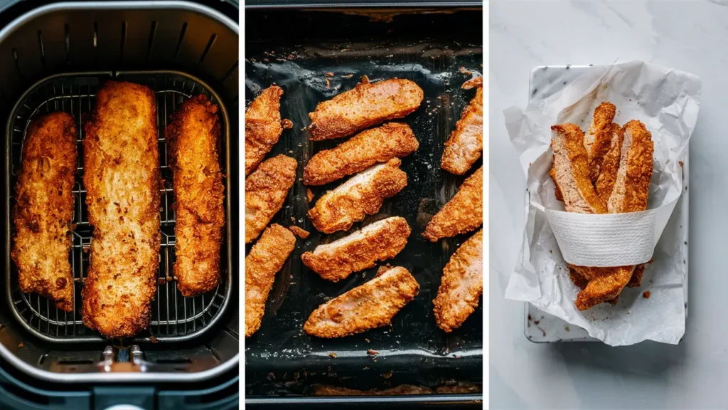 Three side-by-side photos showing different reheating methods for chicken strips: air fryer (crispy), oven (even heating), and microwave (steamed with a damp paper towel).