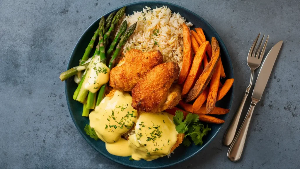 A full meal plate featuring air fryer chicken with rice pilaf, sweet potato fries, and steamed asparagus with hollandaise sauce.