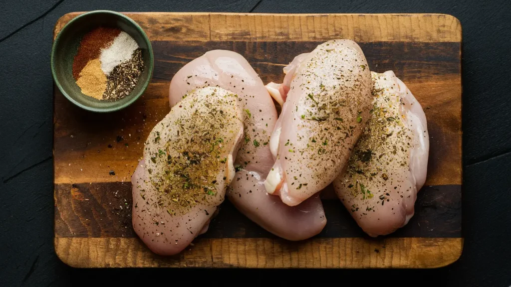 A wooden cutting board with raw, seasoned chicken breasts and a small bowl of mixed spices beside it.