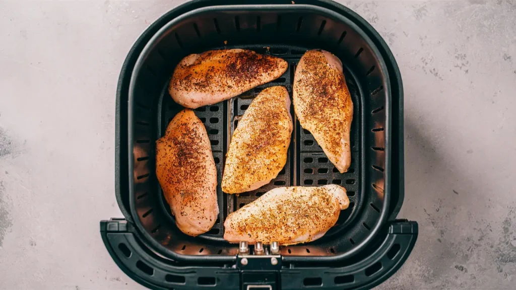 An air fryer basket with seasoned chicken breasts neatly arranged in a single layer.