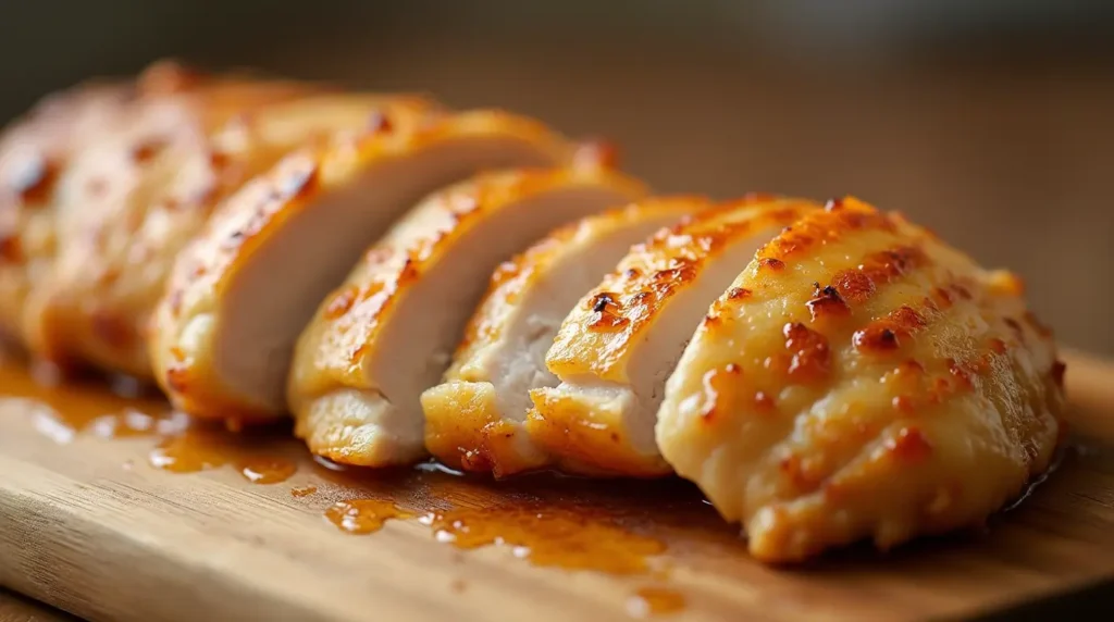 Perfectly cooked, golden-brown chicken breast sliced on a wooden cutting board, ready to be served