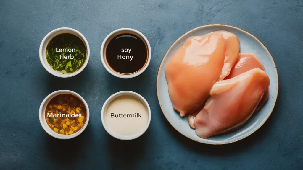 Three small bowls with different marinades, each labeled with its ingredients (lemon herb, soy honey, and buttermilk), next to a plate of raw chicken breasts.