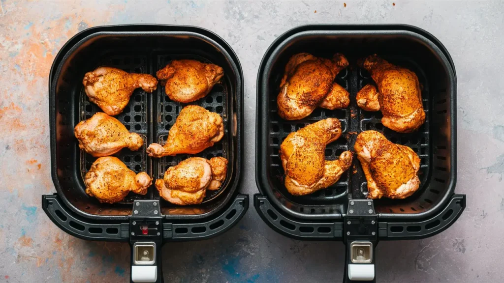 An air fryer basket with properly spaced chicken on one side and overcrowded chicken on the other, showing the difference.