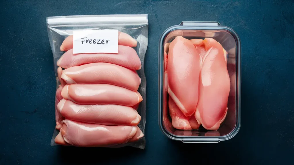 A labeled freezer bag with neatly stacked frozen chicken breasts, next to an airtight container with refrigerated chicken