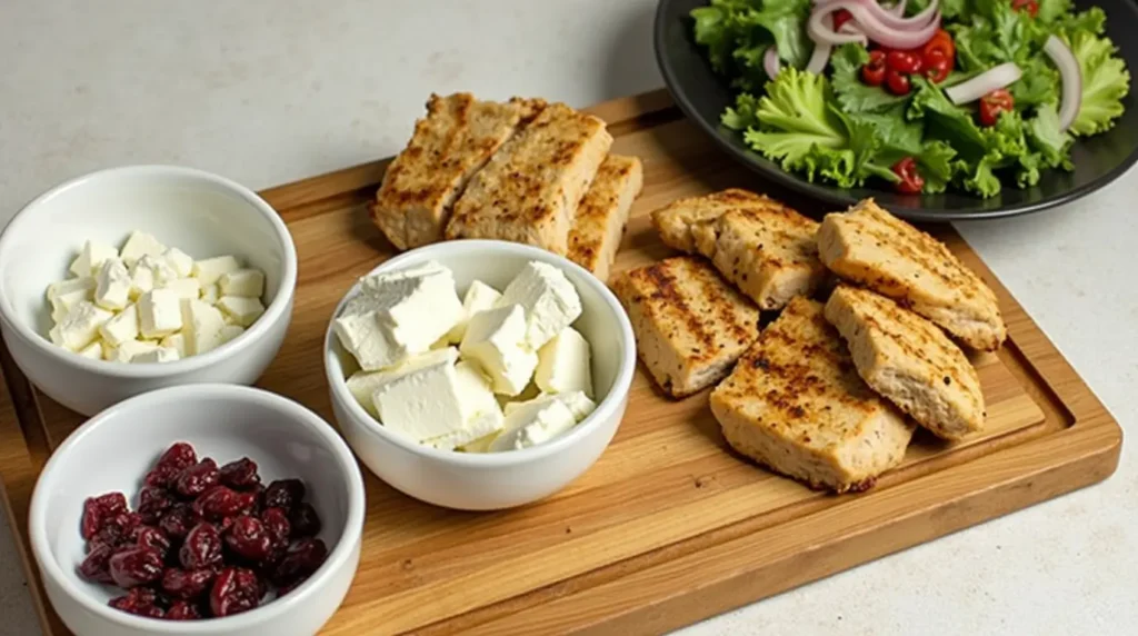 A wooden cutting board displaying small bowls of feta cheese, dried cranberries, and grilled chicken, next to a fresh salad.