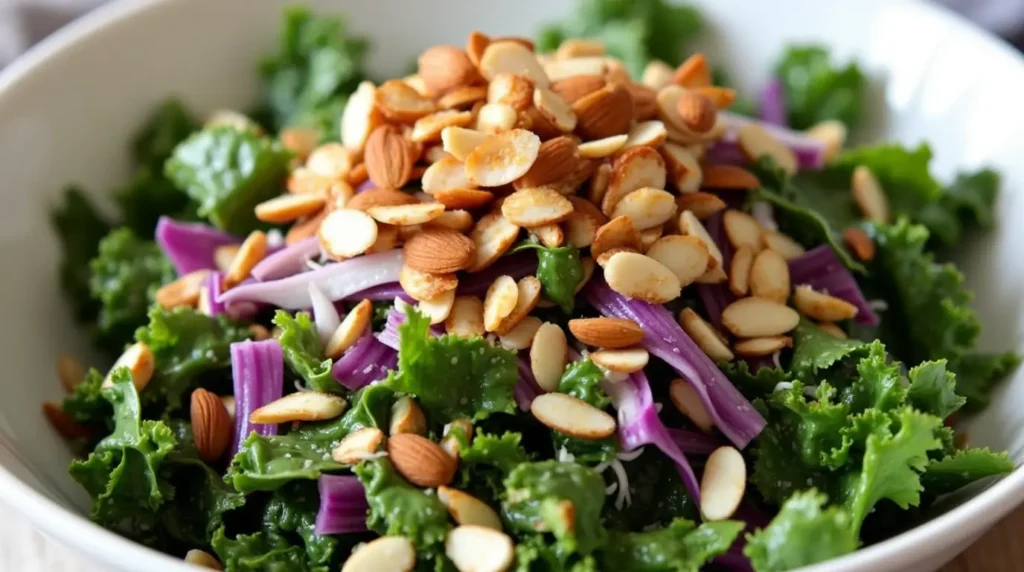 A vibrant bowl of Kale Crunch Salad with fresh kale, shredded cabbage, toasted almonds, and a drizzle of apple cider vinaigrette. The colors should be rich and inviting, highlighting the crisp textures of the greens and nuts.