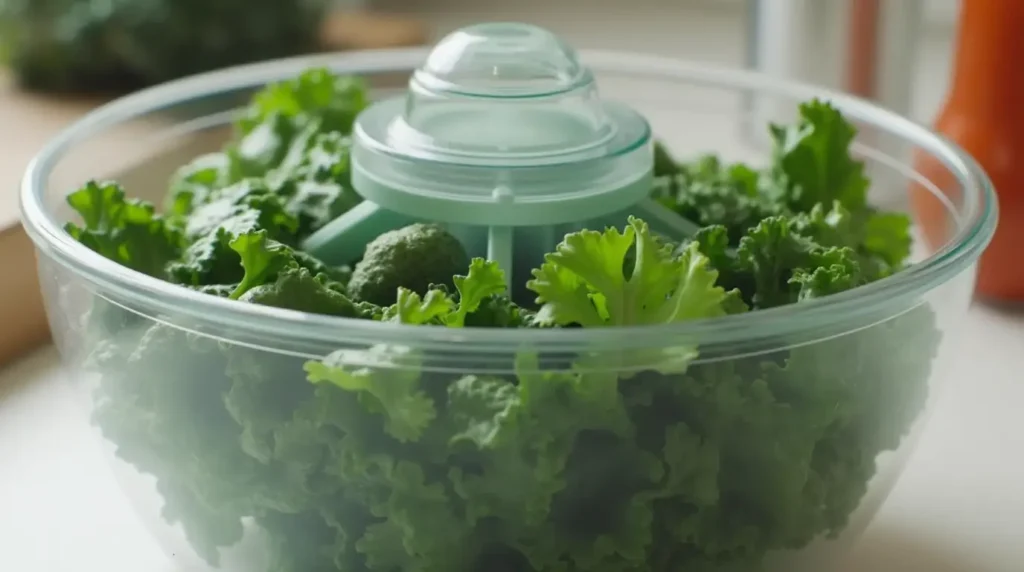 A transparent salad spinner with kale inside, water droplets visible as it spins.