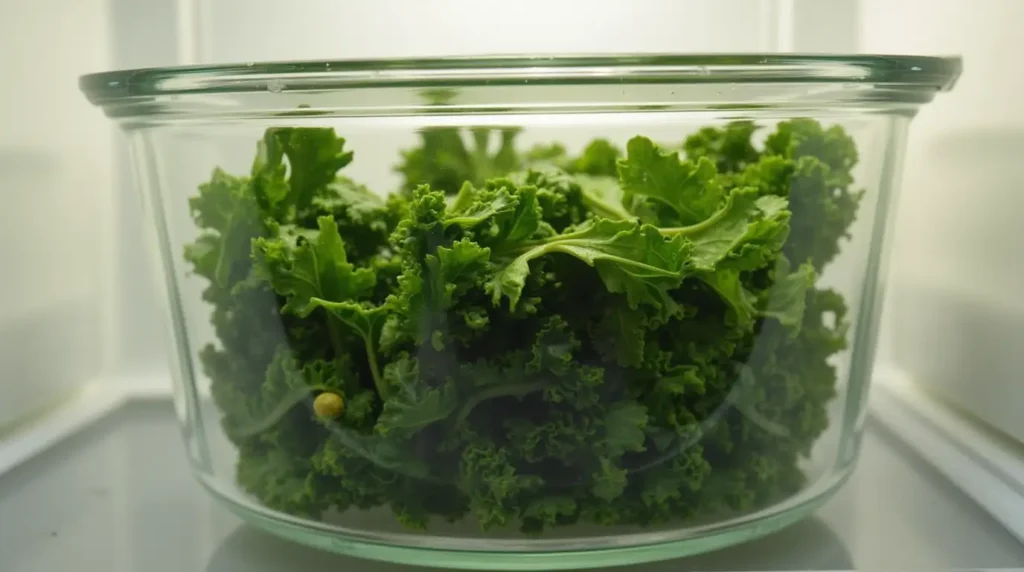 A glass container filled with fresh kale crunch salad, sealed with a lid, placed in a well-lit refrigerator.