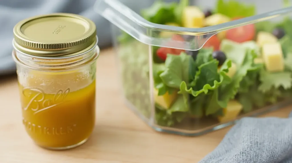 A small mason jar filled with maple Dijon vinaigrette, sealed with a lid, placed next to a fresh salad container.