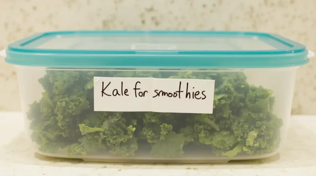 A freezer-safe container labeled "Kale for smoothies," filled with frozen kale leaves.