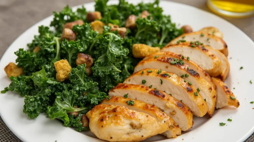 A plate with grilled chicken breast alongside a vibrant Kale Crunch Salad, garnished with fresh herbs.