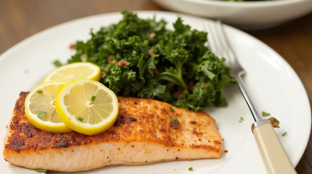 A plate of grilled salmon fillet with a side of Kale Crunch Salad, topped with lemon wedges.