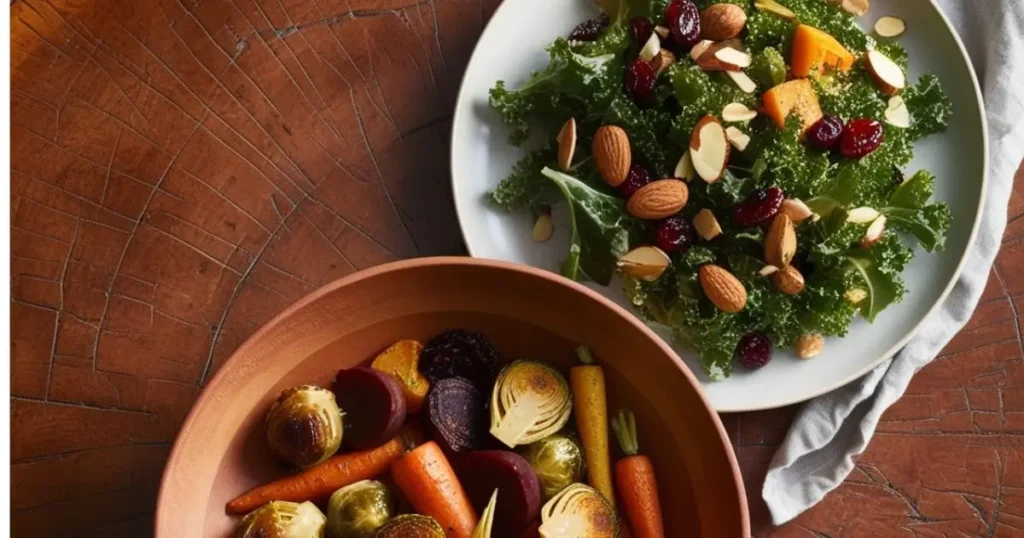 A bowl of roasted root vegetables served alongside Kale Crunch Salad on a wooden table.