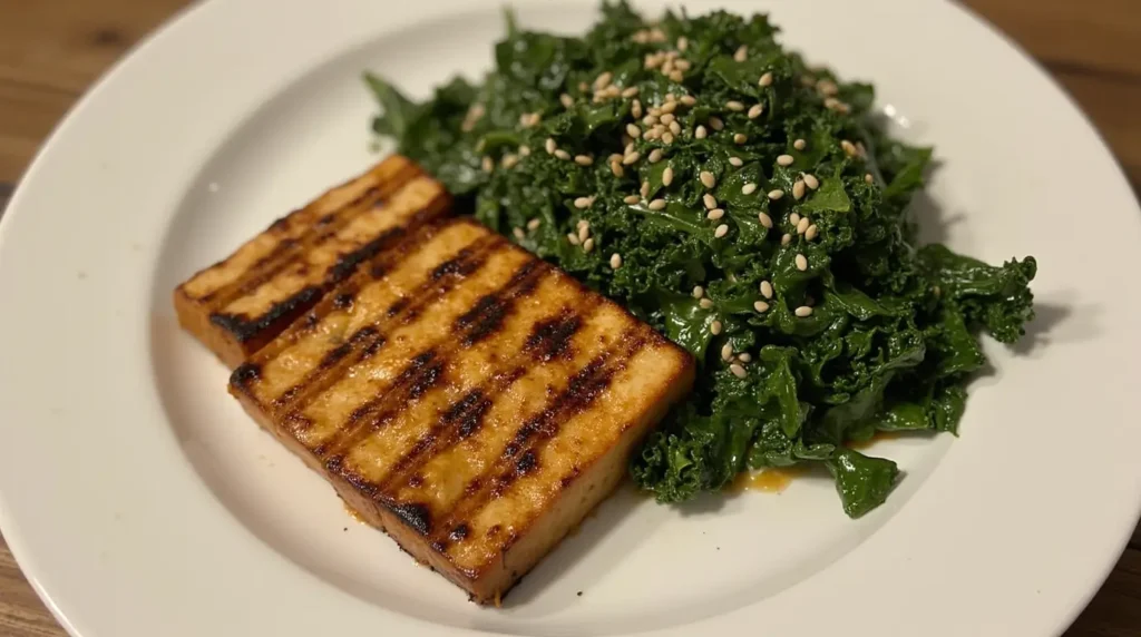 A plate with grilled tofu slices and Kale Crunch Salad, garnished with sesame seeds.