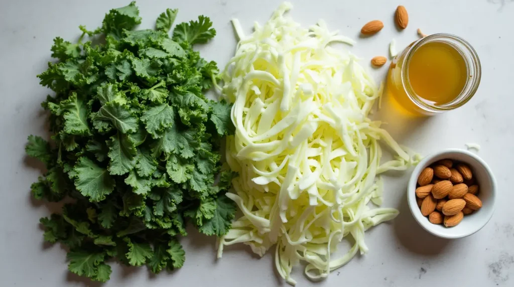 A flat shot of fresh ingredients—chopped cabbage, shredded cabbage, a small bowl of almonds, and a jar of homemade vinaigrette—to show the freshness and quality of the ingredients used in the recipe.